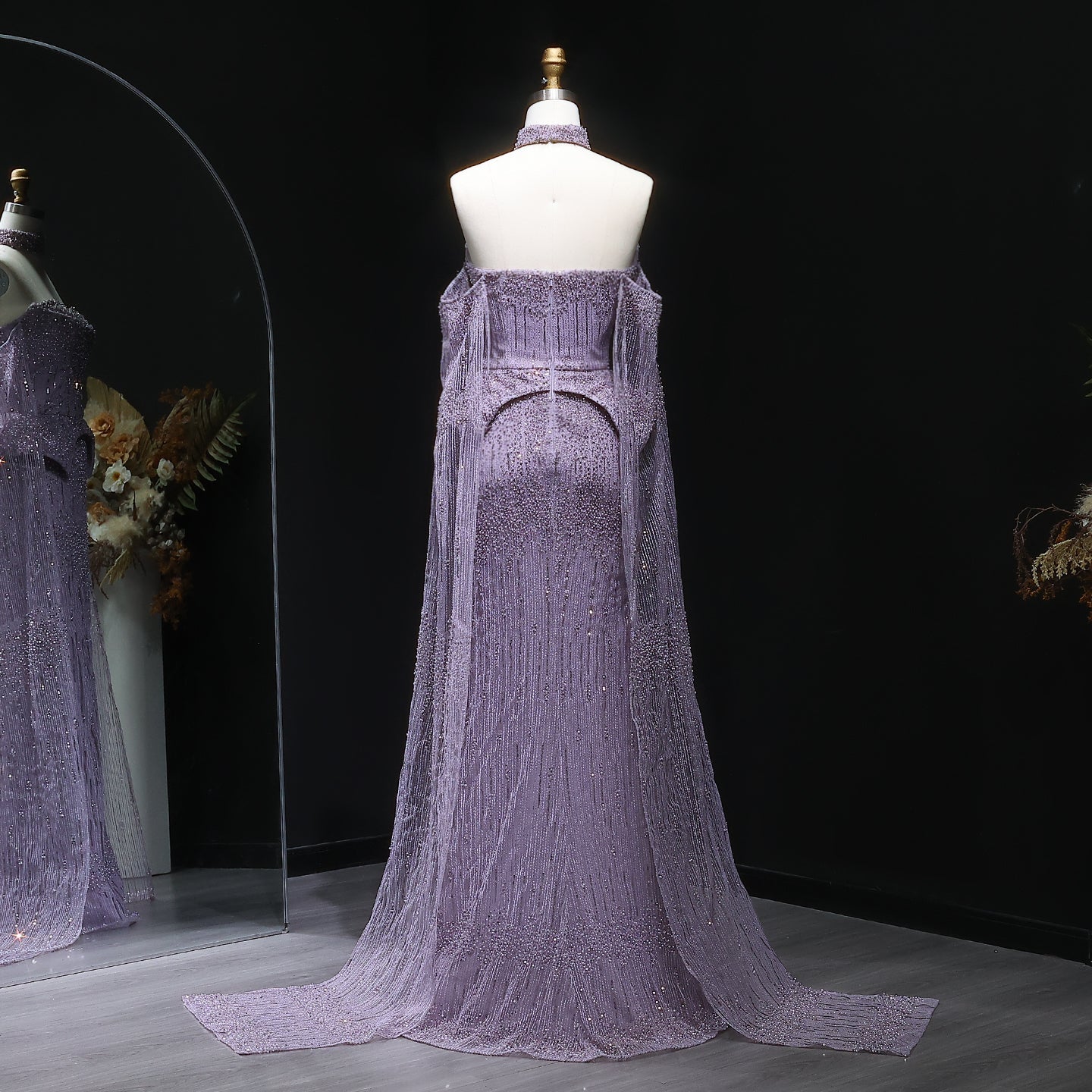 Gold Beaded Off-the-Shoulder Peplum Mermaid Evening Gown with Cape Sleeves & Choker SS558 Sheer Fairy