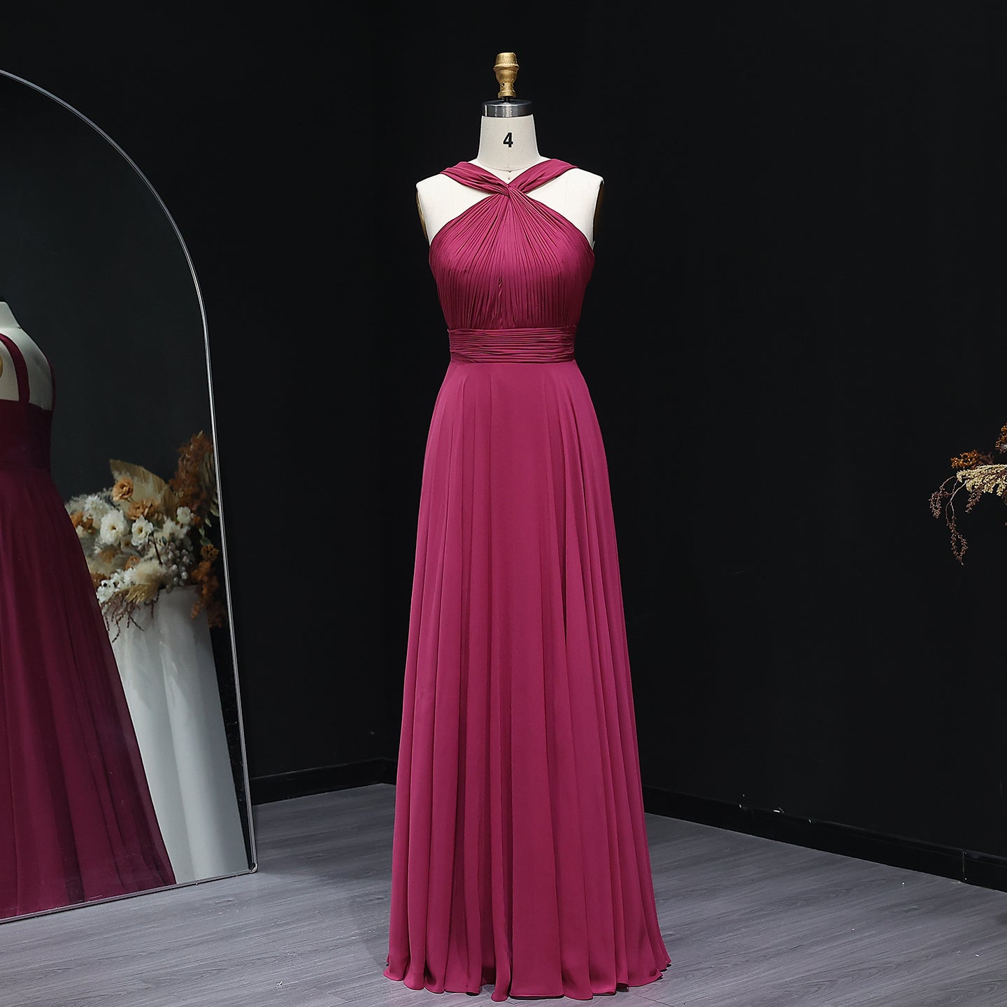 Burgundy Crisscross Halter Chiffon A-Line Bridesmaid Dress BS012