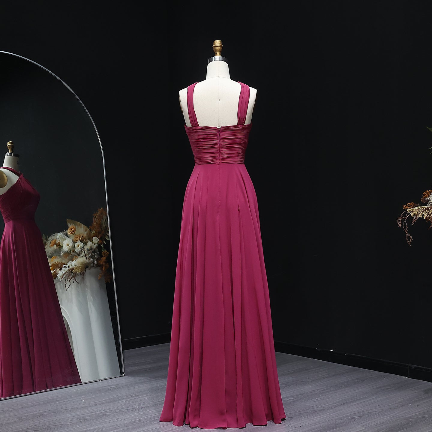 Burgundy Crisscross Halter Chiffon A-Line Bridesmaid Dress BS012