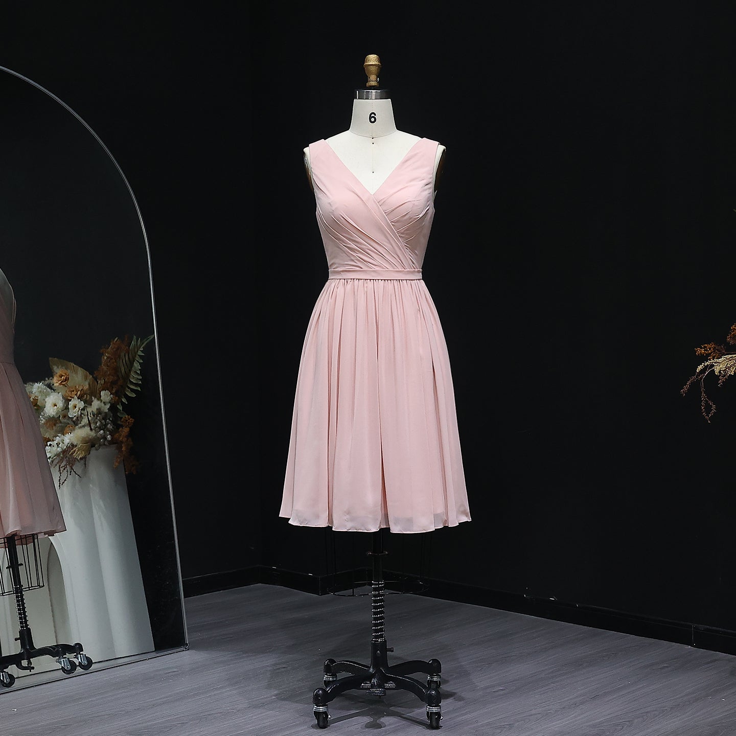 Blush Pink V-Neck Chiffon A-Line Knee-Length Bridesmaid Dress BS013