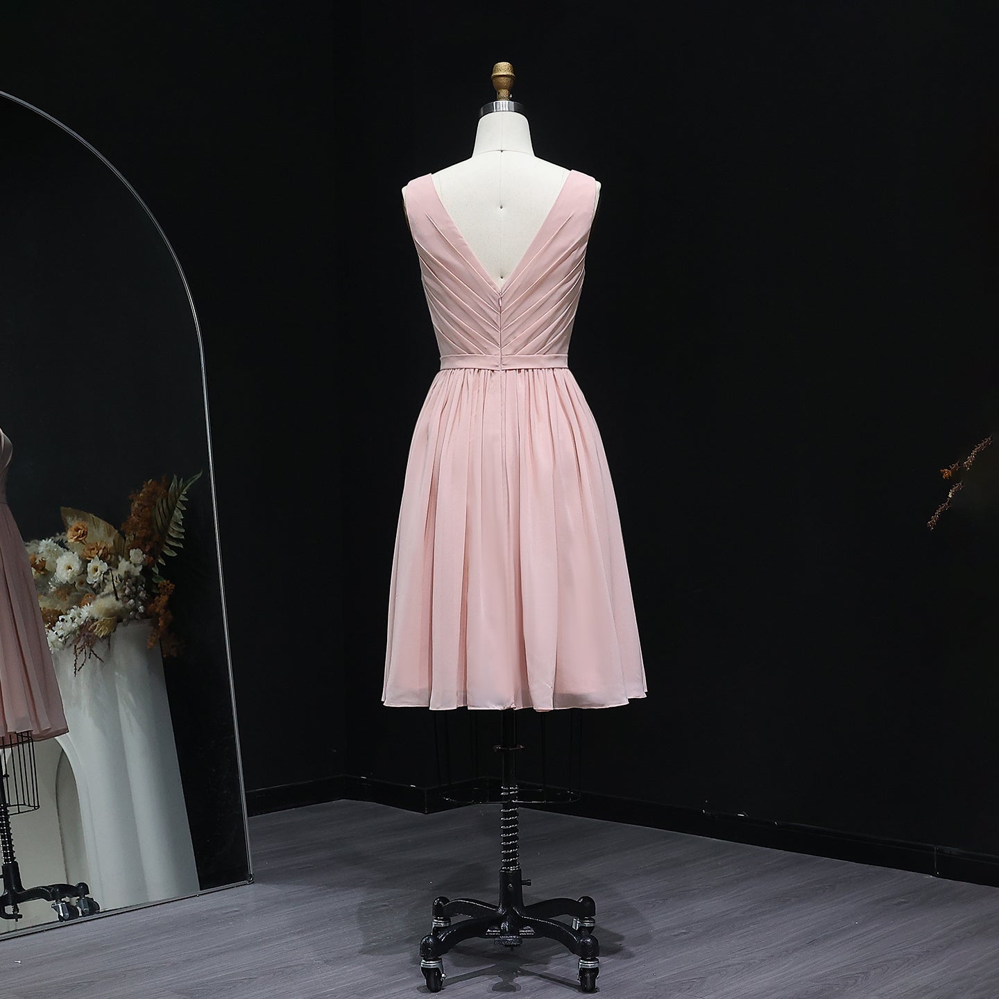 Blush Pink V-Neck Chiffon A-Line Knee-Length Bridesmaid Dress BS013