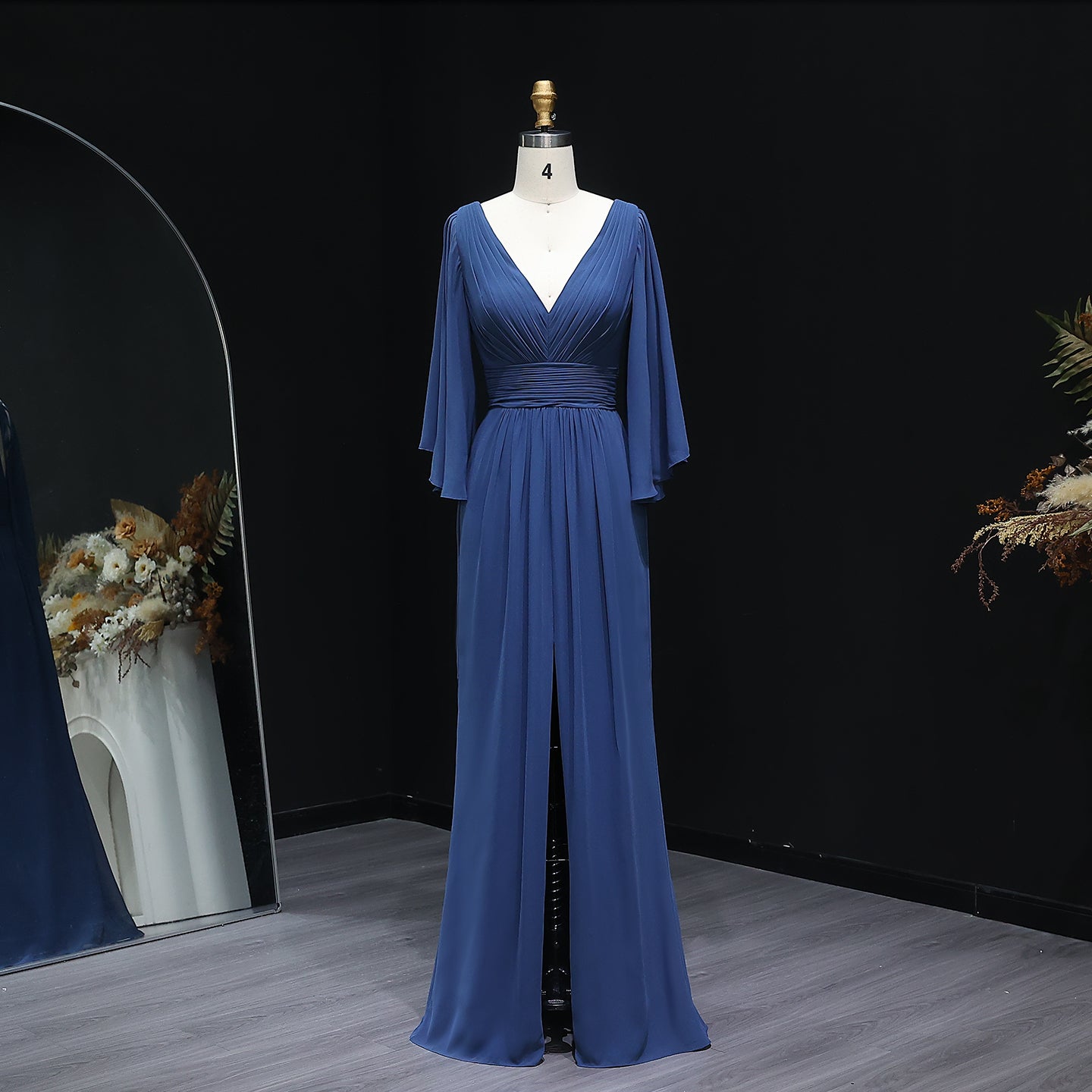 Navy Blue Deep V-Neck Chiffon A-Line Bridesmaid Dress BS015