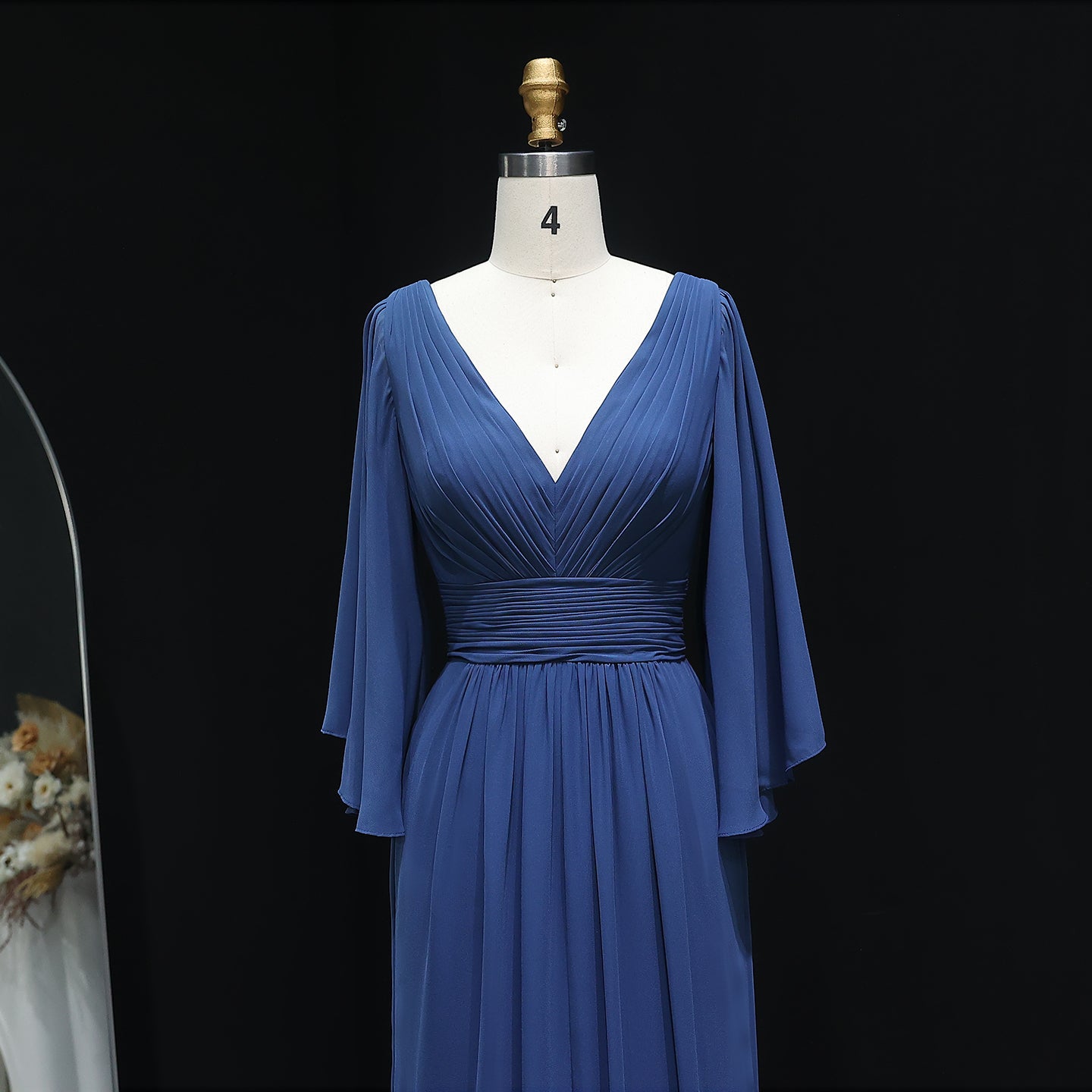 Navy Blue Deep V-Neck Chiffon A-Line Bridesmaid Dress BS015