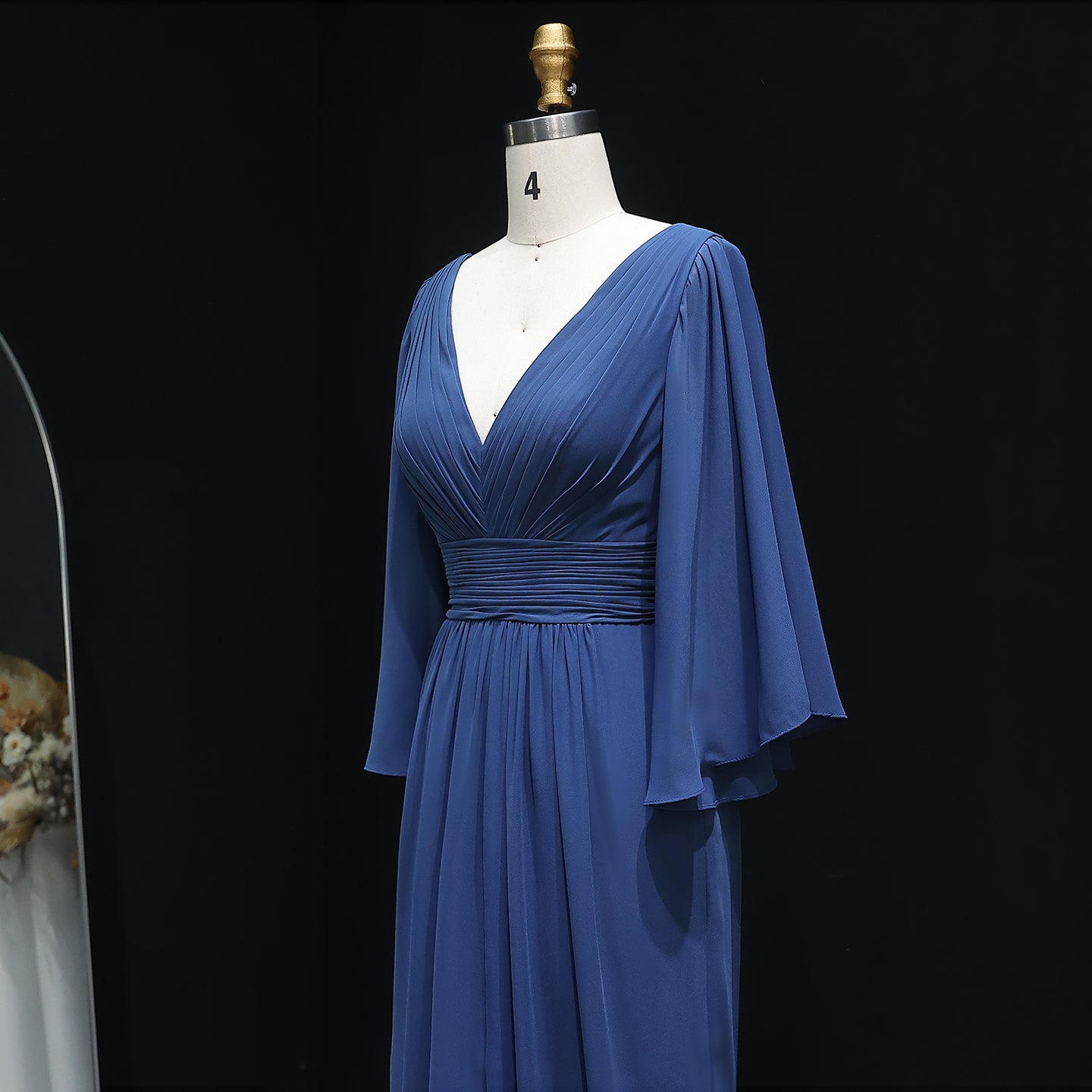 Navy Blue Deep V-Neck Chiffon A-Line Bridesmaid Dress BS015