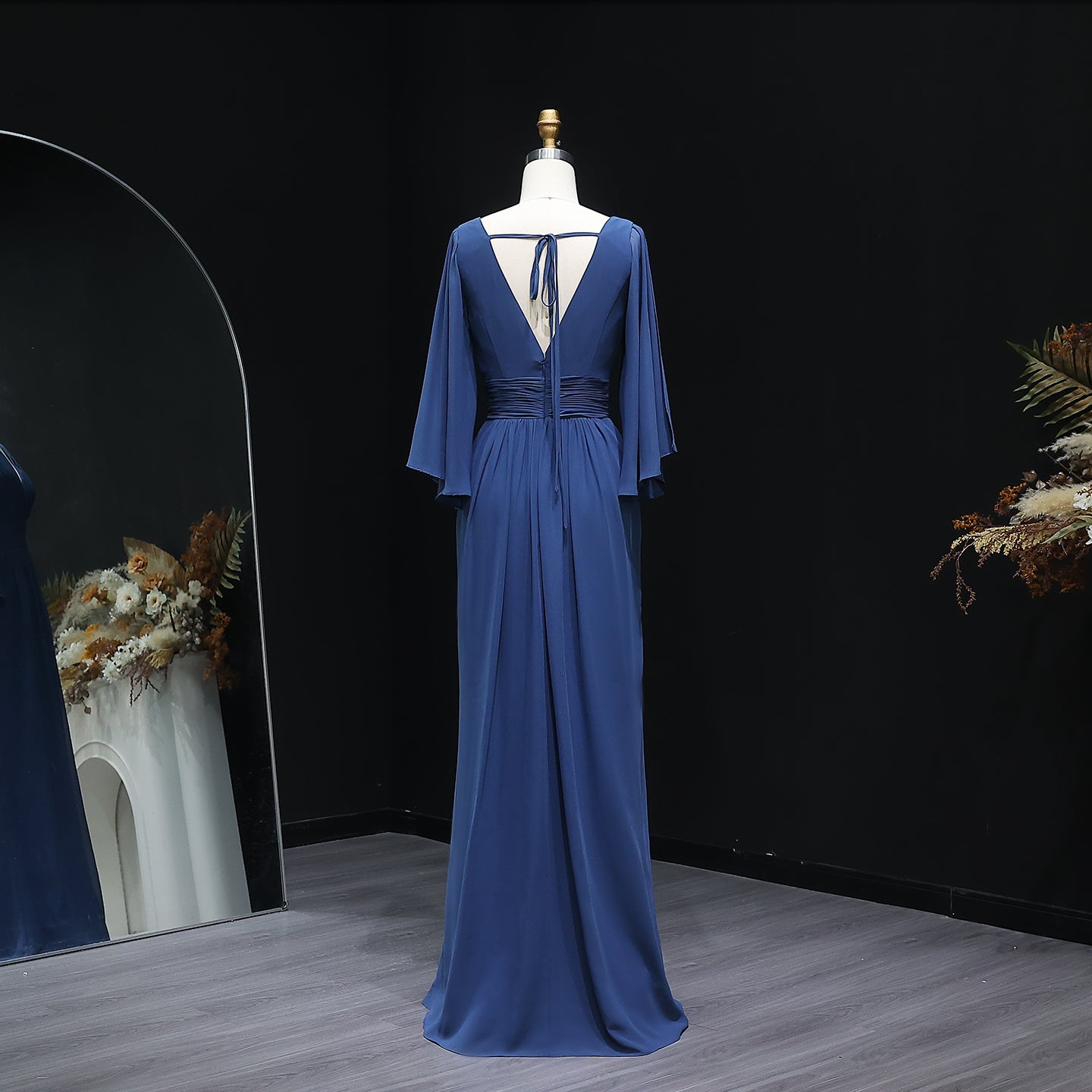 Navy Blue Deep V-Neck Chiffon A-Line Bridesmaid Dress BS015