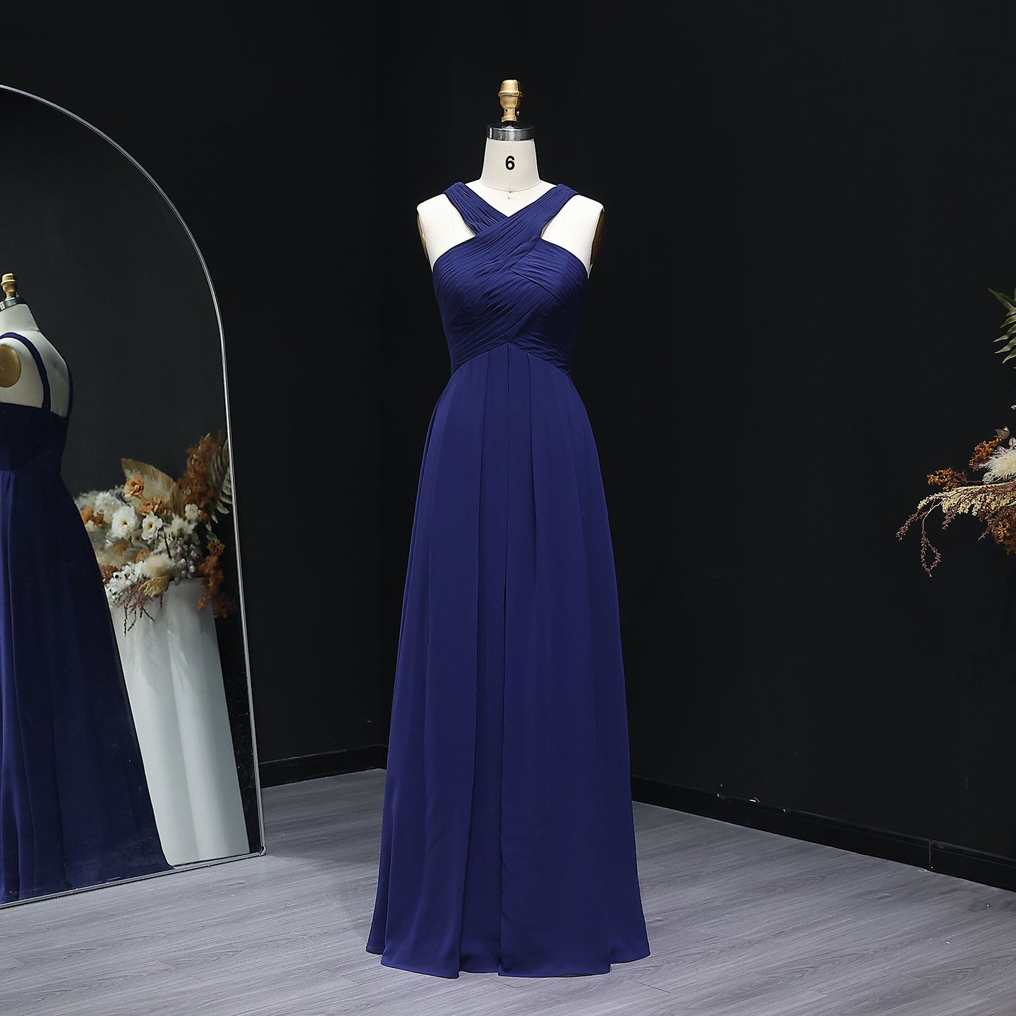 Navy Blue Crisscross Halter Chiffon A-Line Bridesmaid Dress BS016