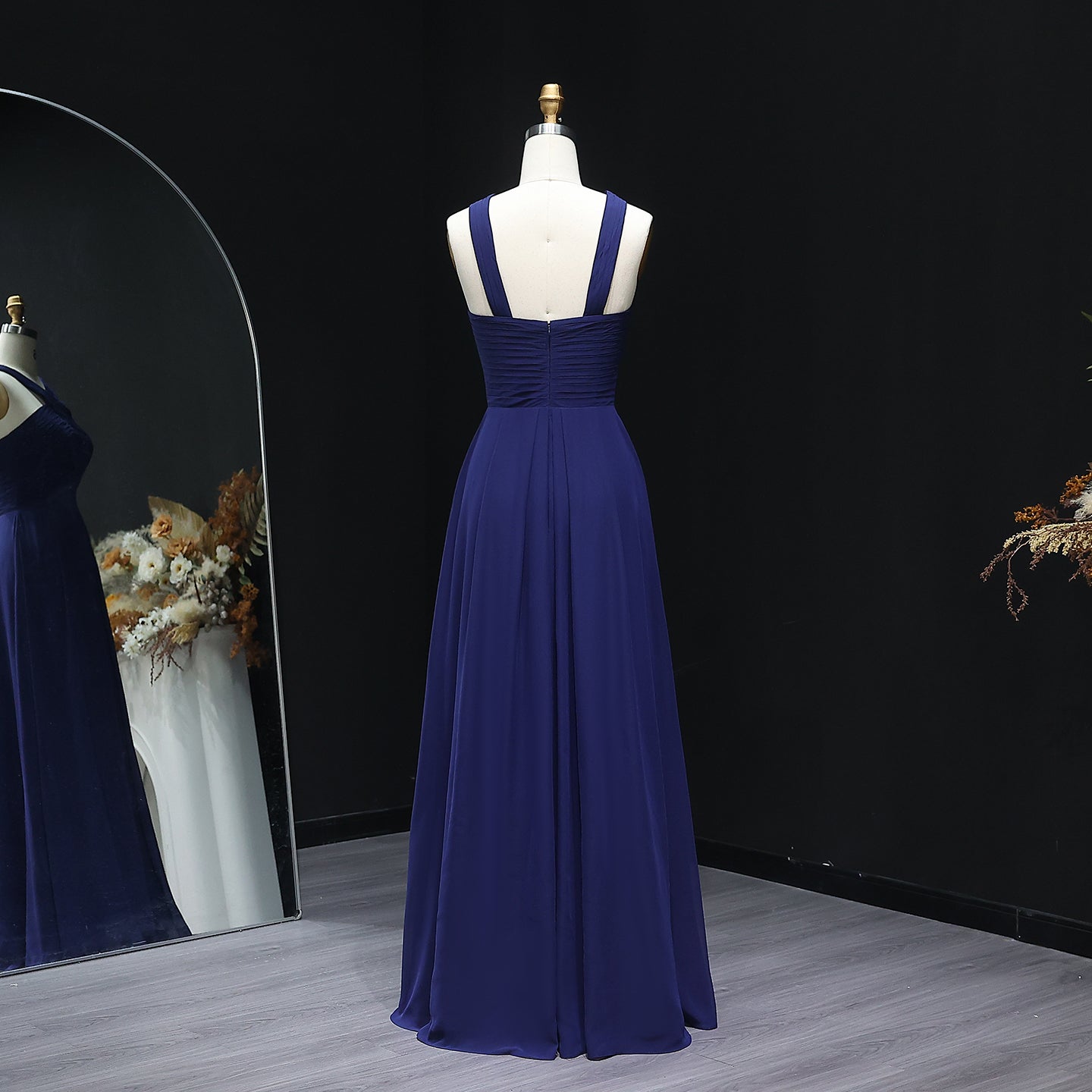 Navy Blue Crisscross Halter Chiffon A-Line Bridesmaid Dress BS016