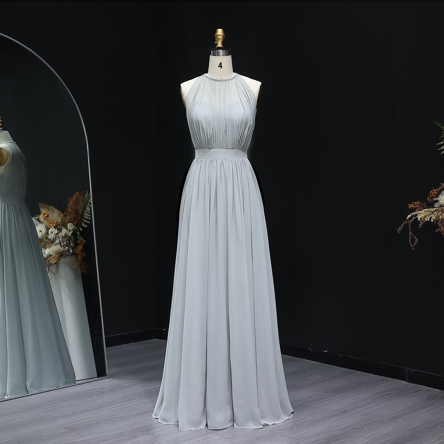 Elegant Gray High Neck Chiffon A-Line Bridesmaid Dress BS017