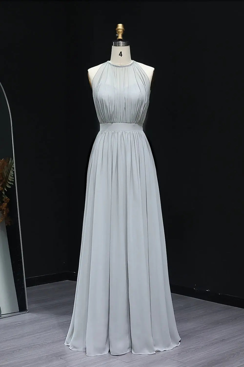 Elegant Dusty Blue High Neck Chiffon A-Line Bridesmaid Dress BS017 Sheer Fairy