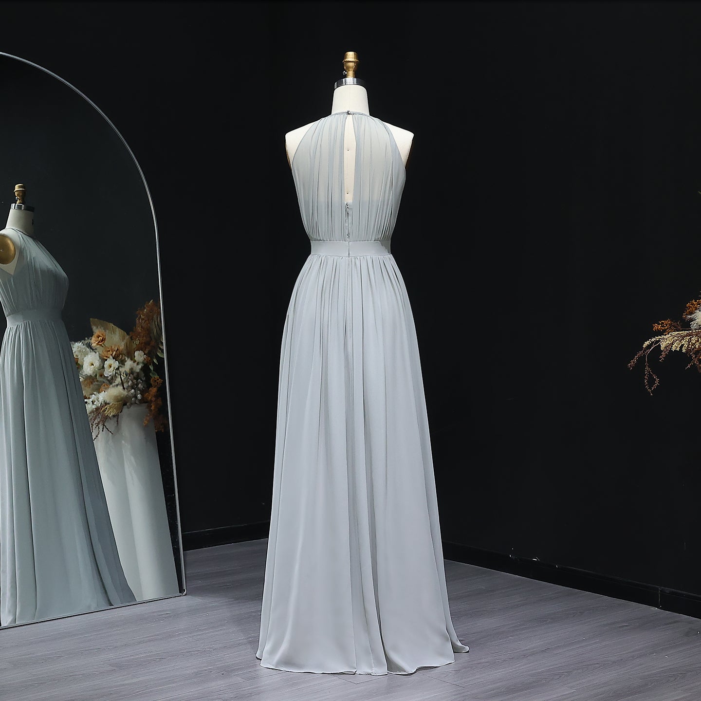 Elegant Gray High Neck Chiffon A-Line Bridesmaid Dress BS017