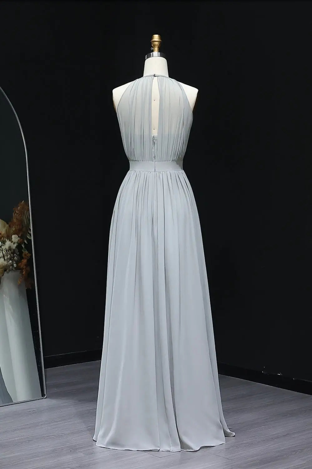 Elegant Dusty Blue High Neck Chiffon A-Line Bridesmaid Dress BS017 Sheer Fairy