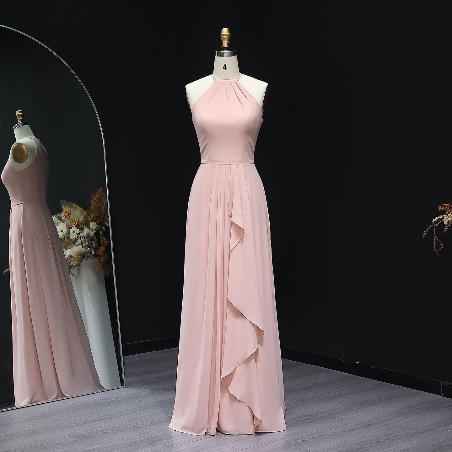 Blush Pink Halter Neck Chiffon A-Line Bridesmaid Dress BS018