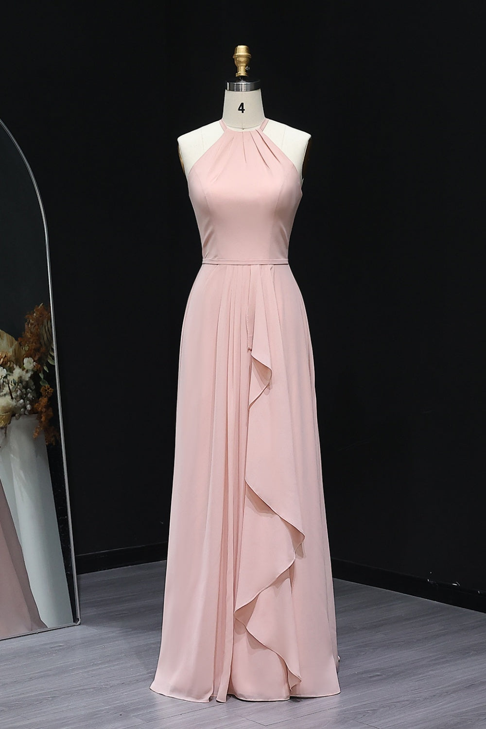 Blush Pink Halter Neck Chiffon A-Line Bridesmaid Dress BS018
