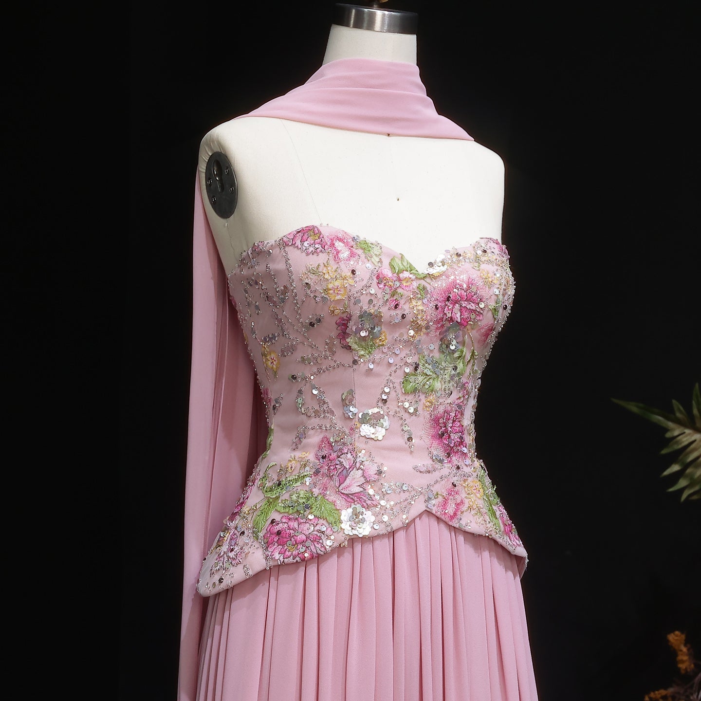 Pink Strapless Evening Dress with Floral Beaded Bodice & Chiffon Cape Scarf SS480 Sheer Fairy