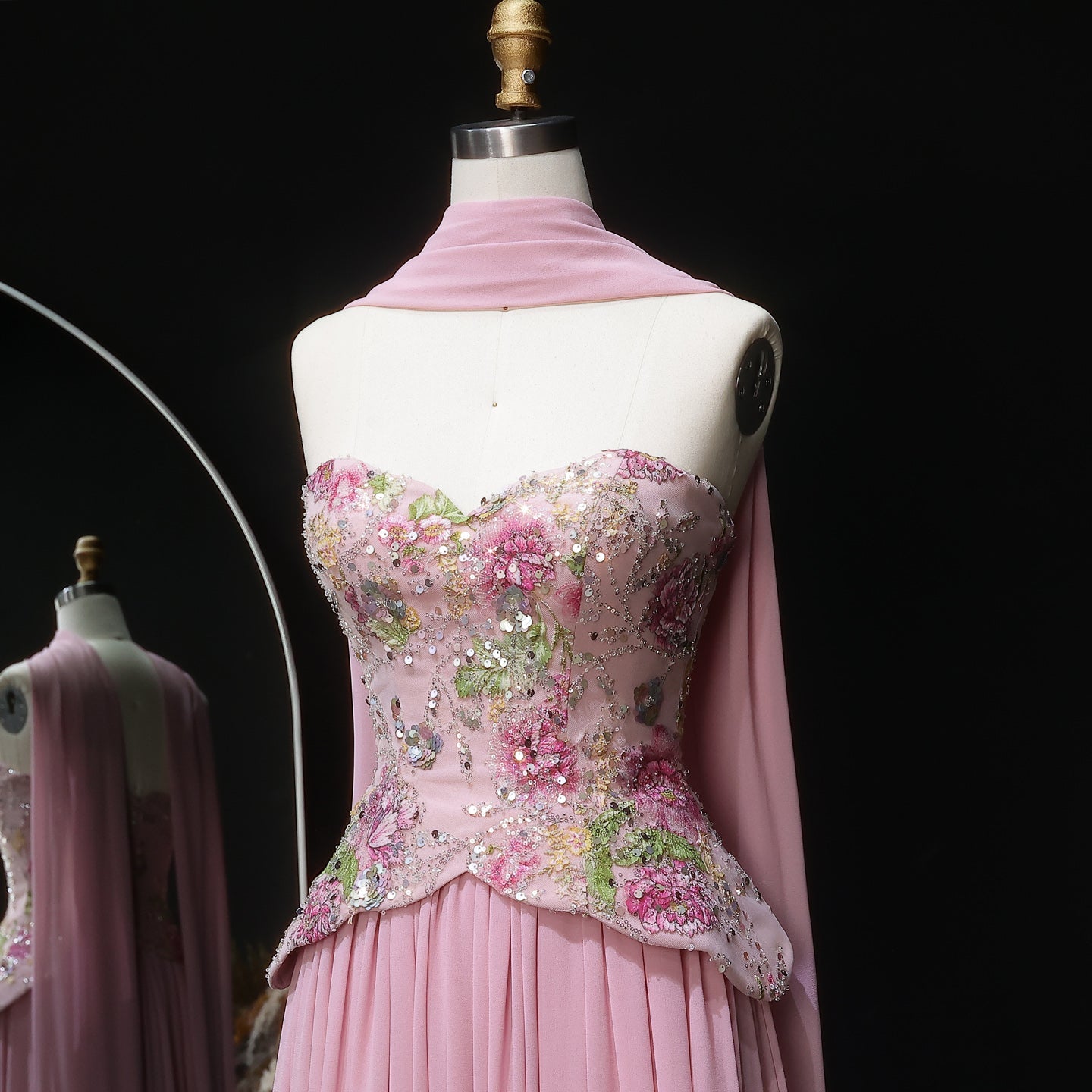 Pink Strapless Evening Dress with Floral Beaded Bodice & Chiffon Cape Scarf SS480 Sheer Fairy