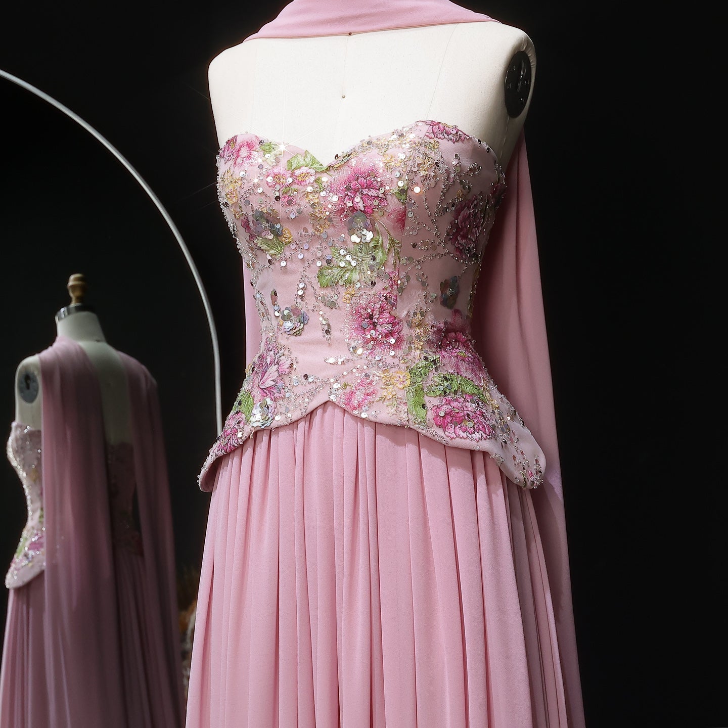 Pink Strapless Evening Dress with Floral Beaded Bodice & Chiffon Cape Scarf SS480 Sheer Fairy