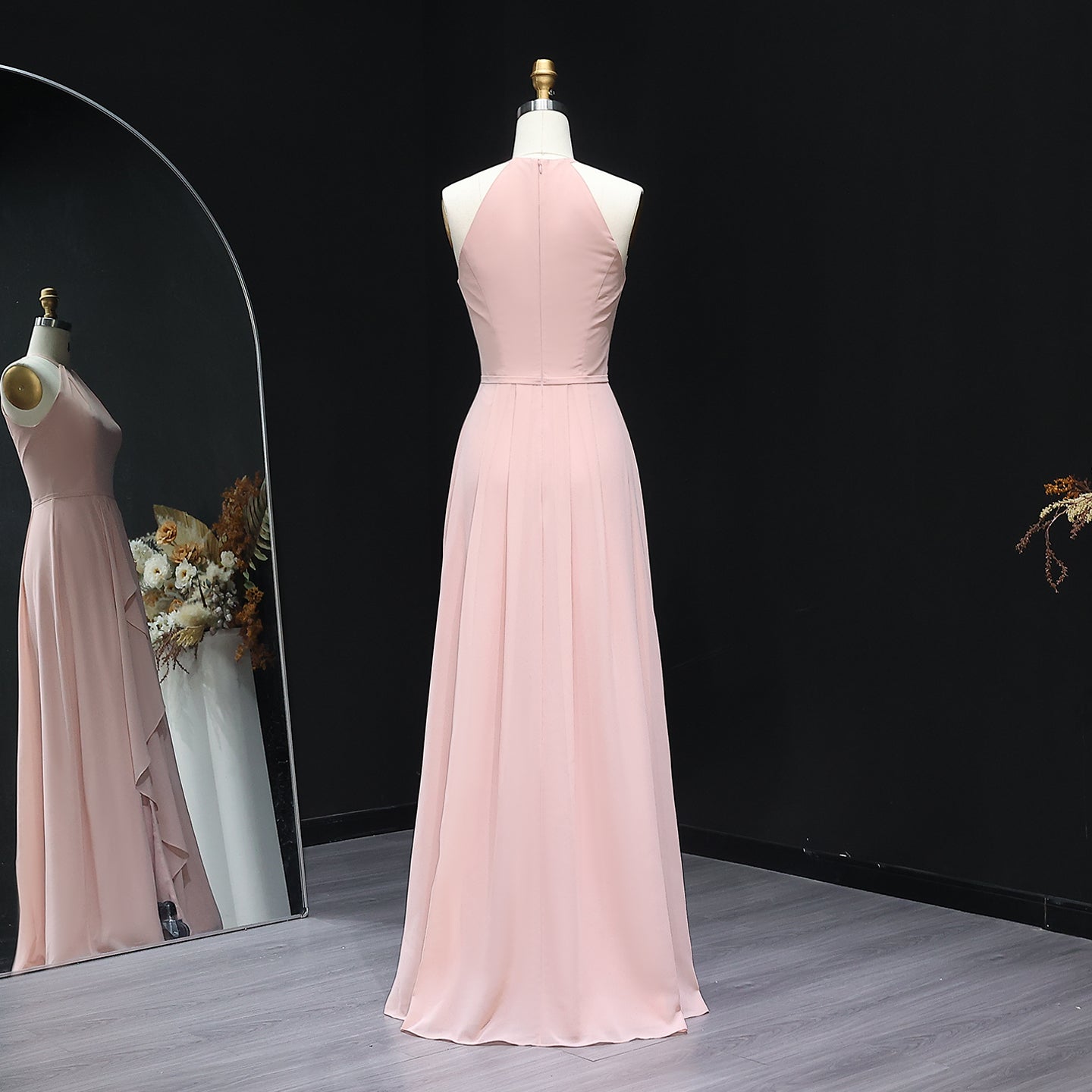 Blush Pink Halter Neck Chiffon A-Line Bridesmaid Dress BS018