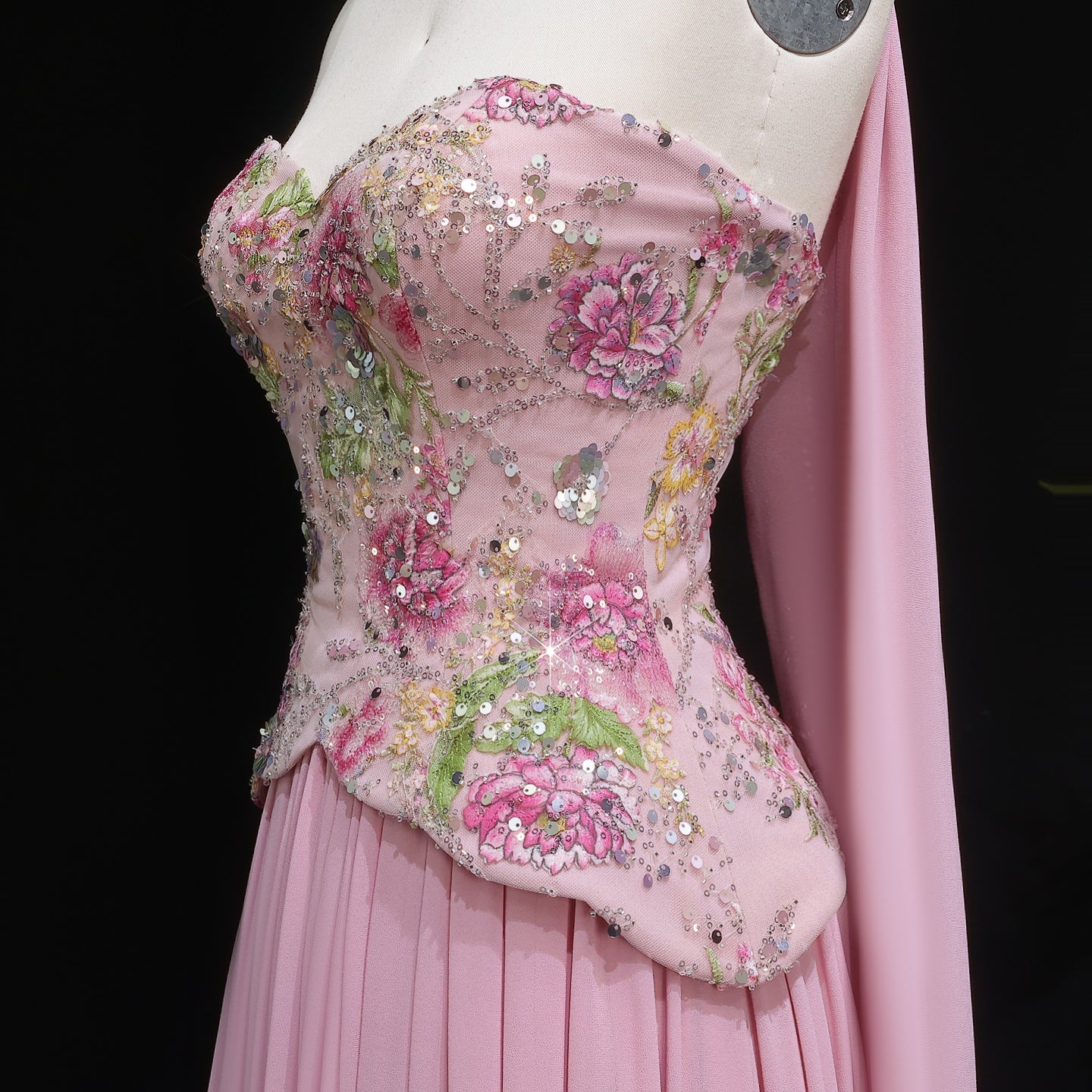 Pink Strapless Evening Dress with Floral Beaded Bodice & Chiffon Cape Scarf SS480 Sheer Fairy