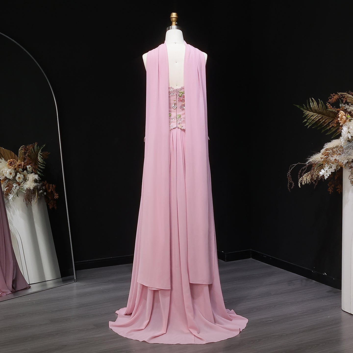 Pink Strapless Evening Dress with Floral Beaded Bodice & Chiffon Cape Scarf SS480 Sheer Fairy
