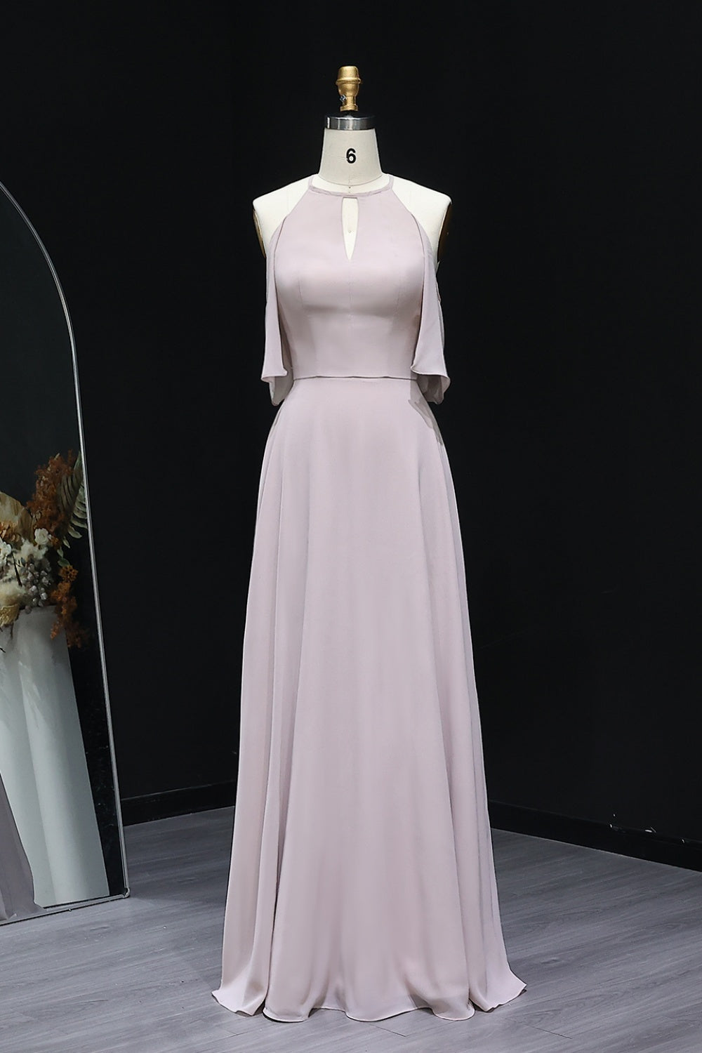 Classic Blush Pink High Neck Chiffon A-Line Bridesmaid Dress BS021