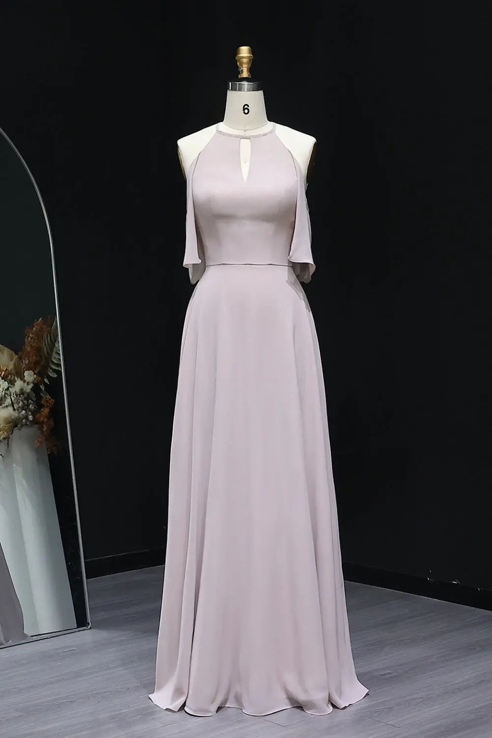 Classic Dusty Blue High Neck Chiffon A-Line Bridesmaid Dress BS021 Sheer Fairy