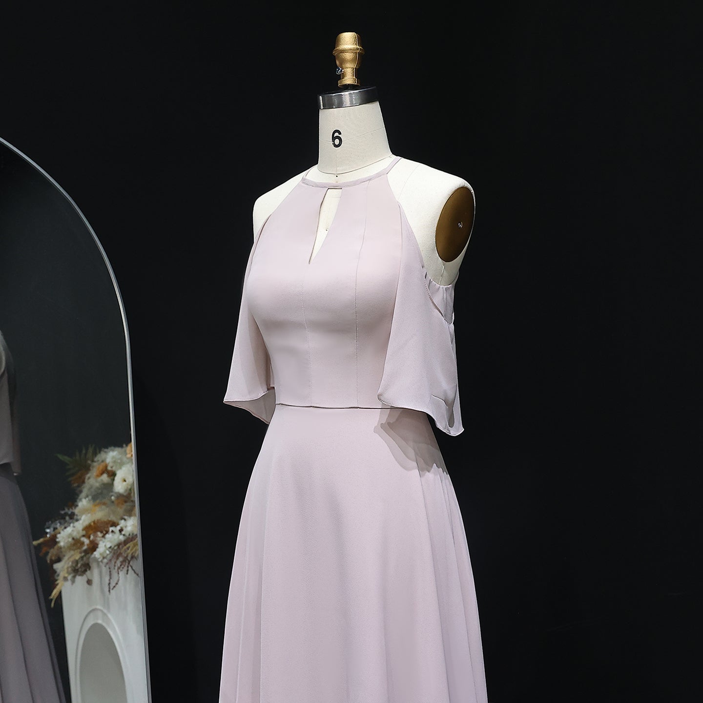 Classic Blush Pink High Neck Chiffon A-Line Bridesmaid Dress BS021