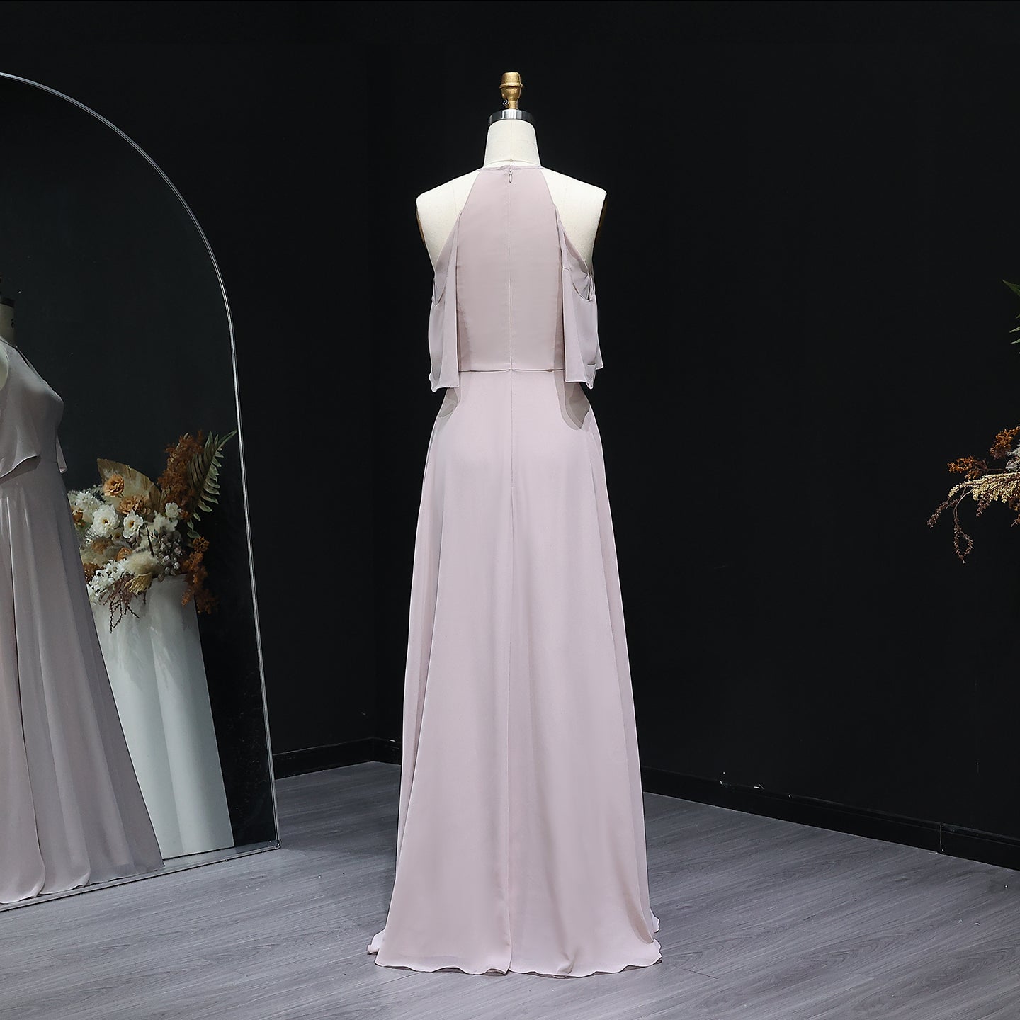 Classic Blush Pink High Neck Chiffon A-Line Bridesmaid Dress BS021