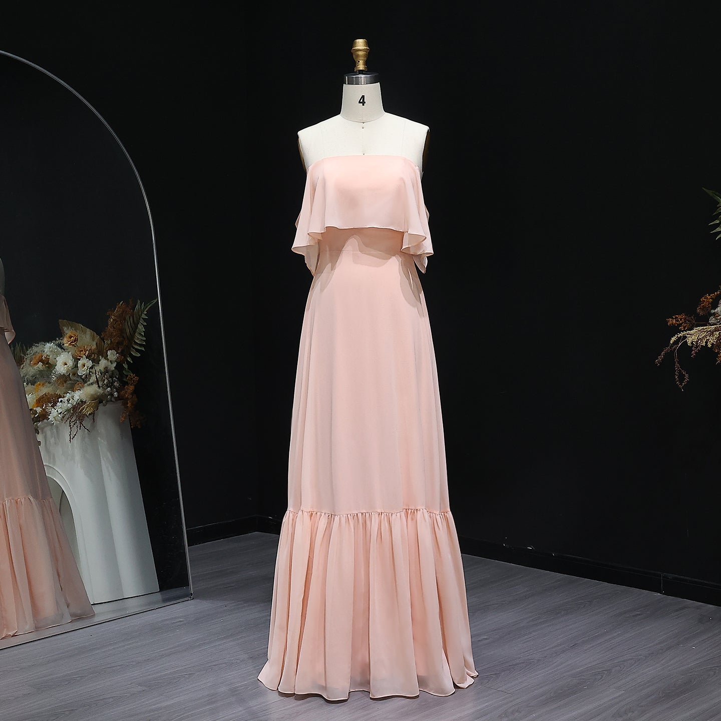 Blush Pink Off-Shoulder Chiffon A-Line Bridesmaid Dress BS024