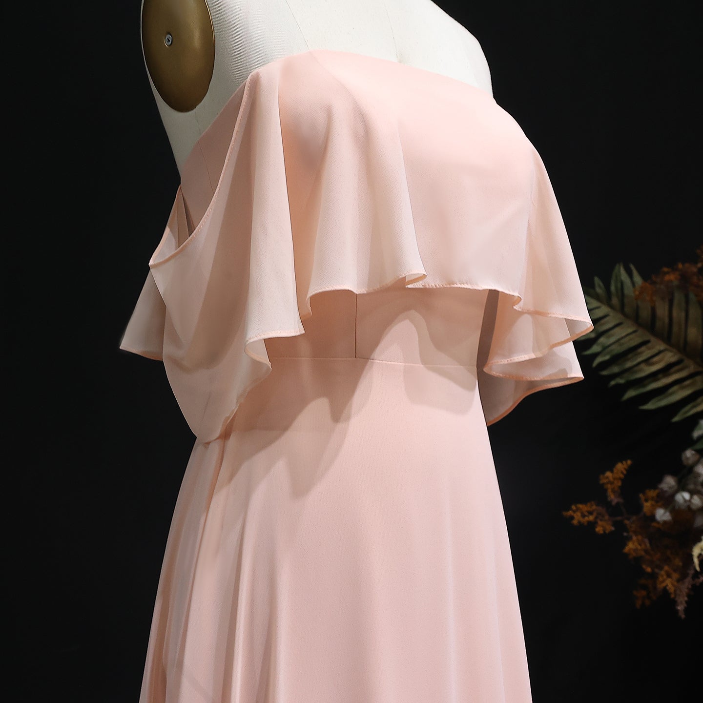 Blush Pink Off-Shoulder Chiffon A-Line Bridesmaid Dress BS024