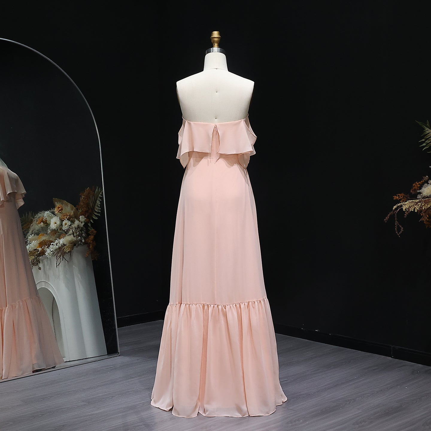 Blush Pink Off-Shoulder Chiffon A-Line Bridesmaid Dress BS024