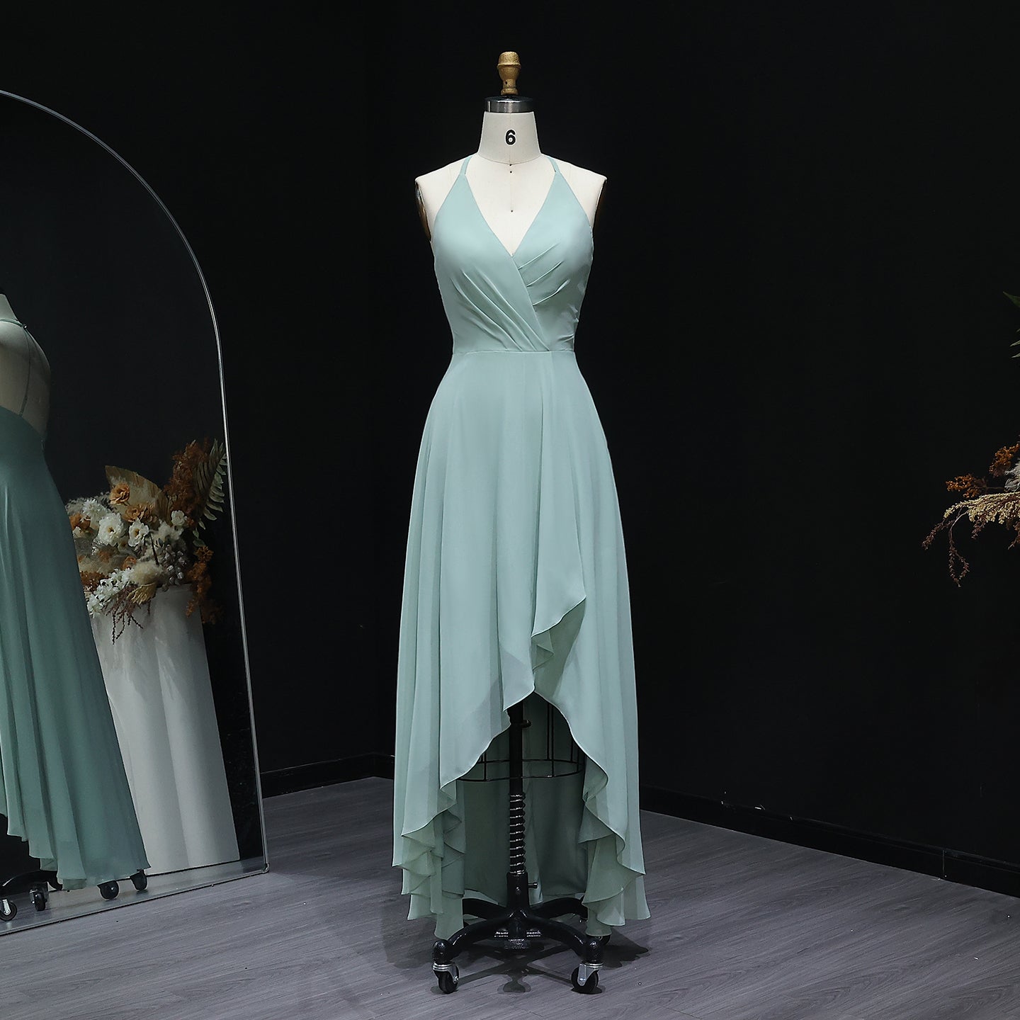 Sage Green V-Neck Chiffon High-Low A-Line Bridesmaid Dress BS025