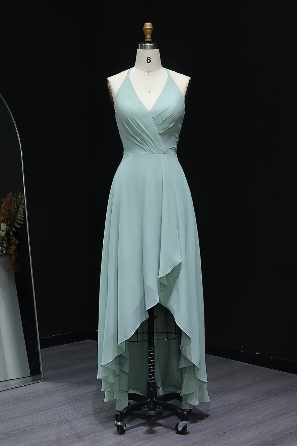 Sage Green V-Neck Chiffon High-Low A-Line Bridesmaid Dress BS025