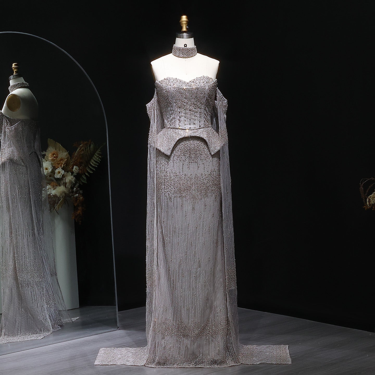 Gold Beaded Off-the-Shoulder Peplum Mermaid Evening Gown with Cape Sleeves & Choker SS558 Sheer Fairy