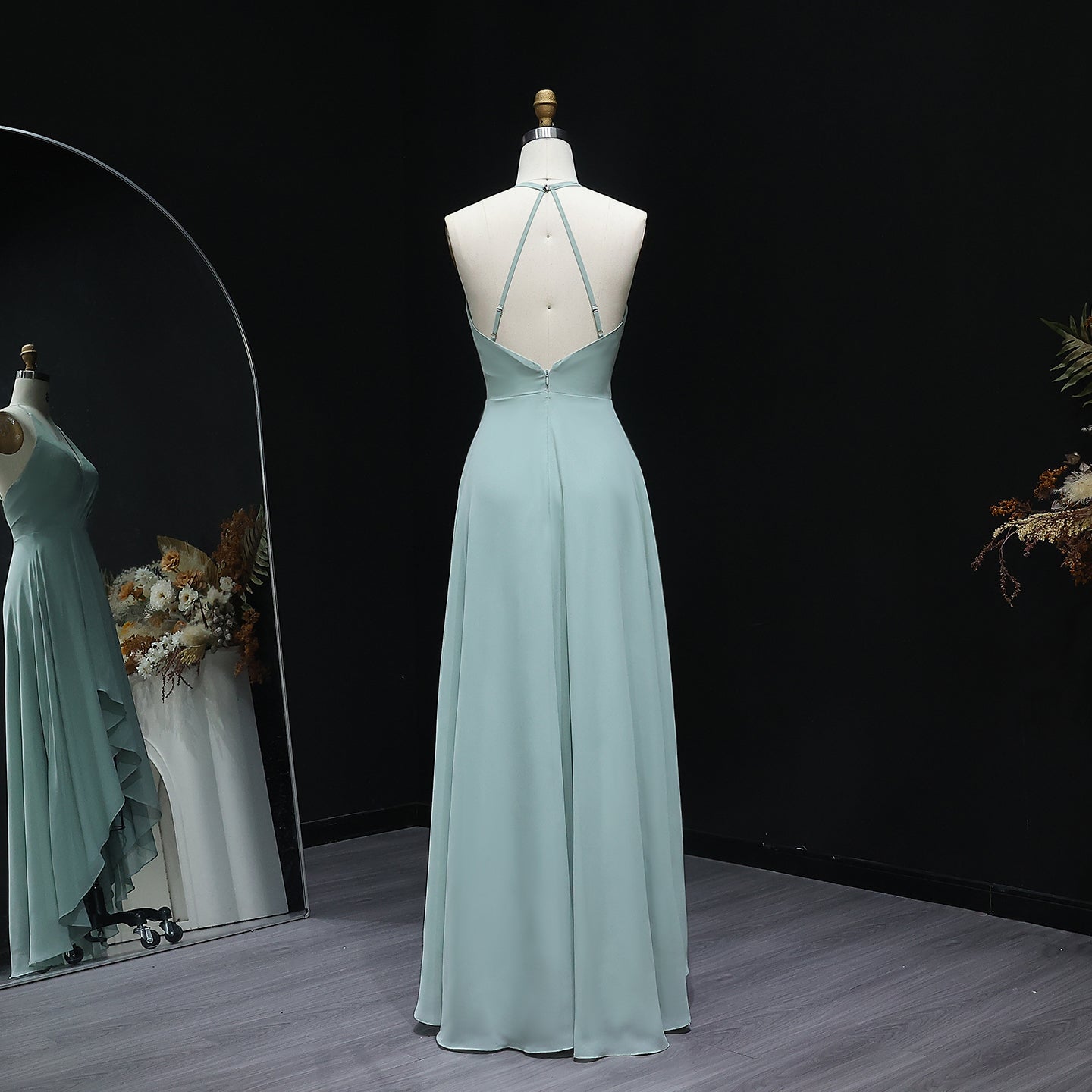 Sage Green V-Neck Chiffon High-Low A-Line Bridesmaid Dress BS025