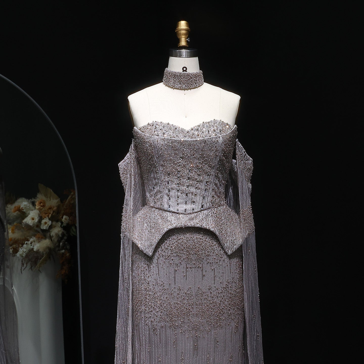 Gold Beaded Off-the-Shoulder Peplum Mermaid Evening Gown with Cape Sleeves & Choker SS558 Sheer Fairy