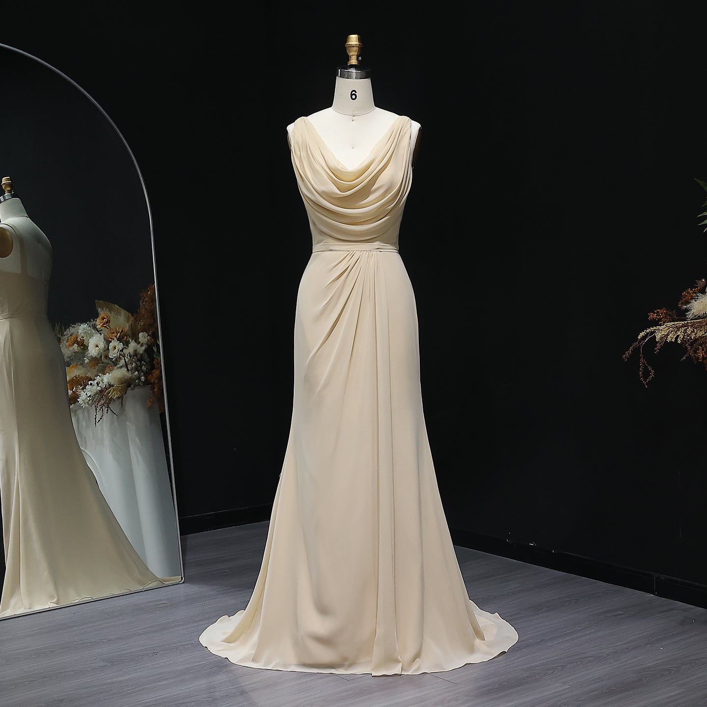 Champagne Cowl Neck Chiffon Sheath Bridesmaid Dress BS026