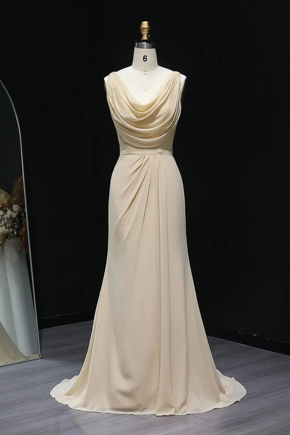 Champagne Cowl Neck Chiffon Sheath Bridesmaid Dress BS026 Sheer Fairy
