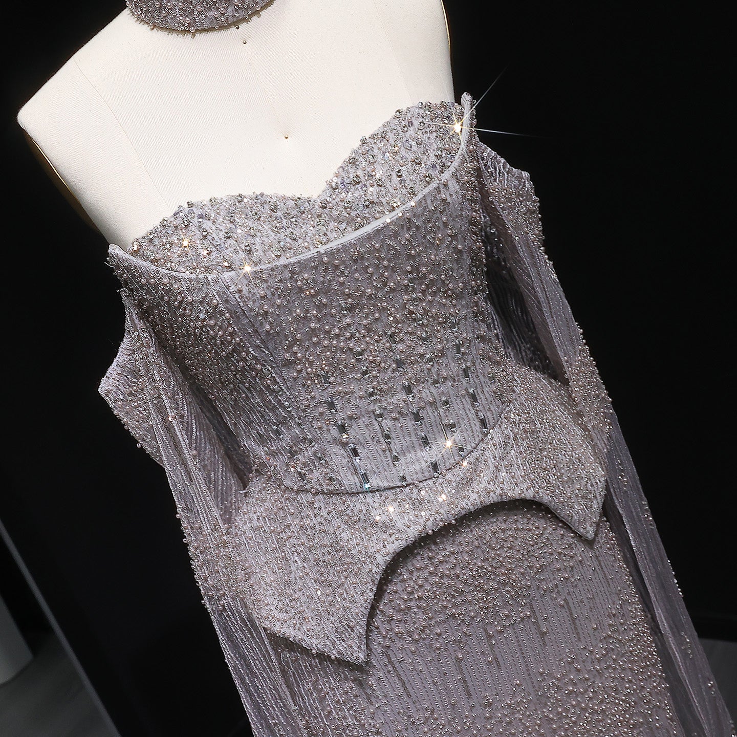 Gold Beaded Off-the-Shoulder Peplum Mermaid Evening Gown with Cape Sleeves & Choker SS558 Sheer Fairy