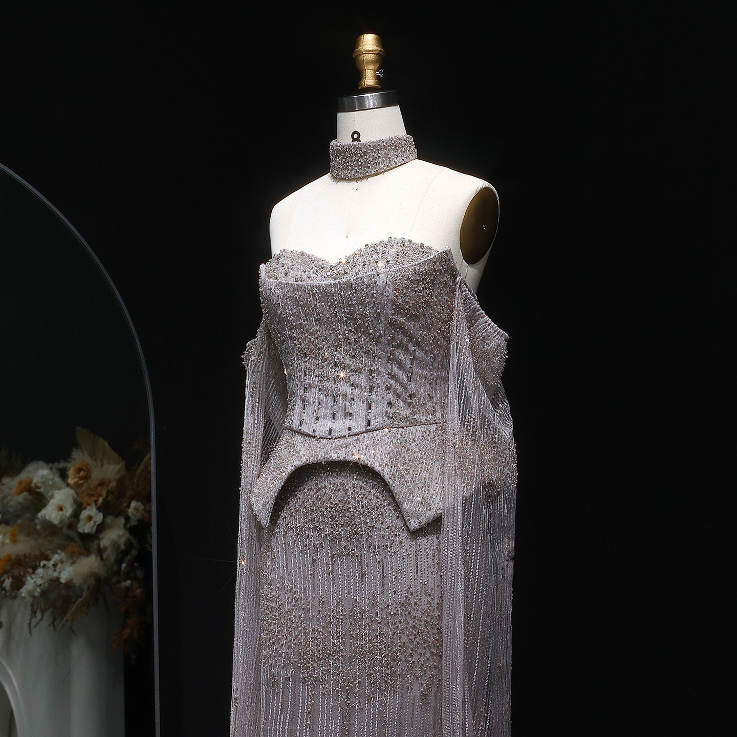 Gold Beaded Off-the-Shoulder Peplum Mermaid Evening Gown with Cape Sleeves & Choker SS558 Sheer Fairy