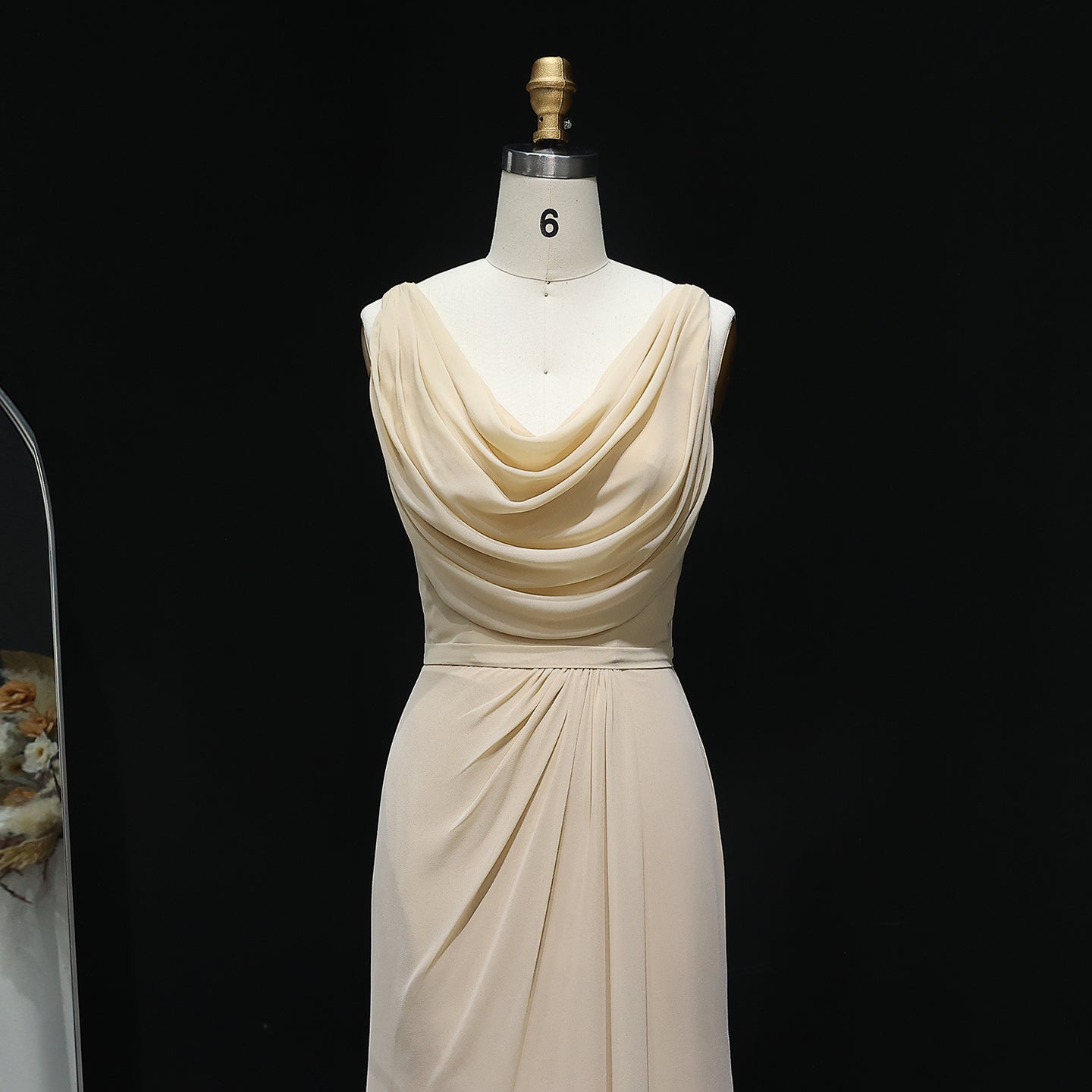 Champagne Cowl Neck Chiffon Sheath Bridesmaid Dress BS026