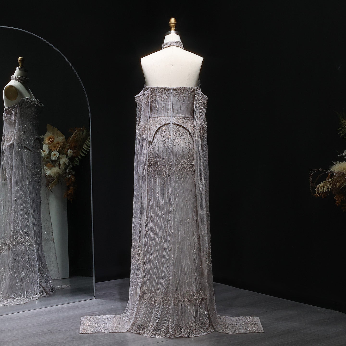 Gold Beaded Off-the-Shoulder Peplum Mermaid Evening Gown with Cape Sleeves & Choker SS558 Sheer Fairy