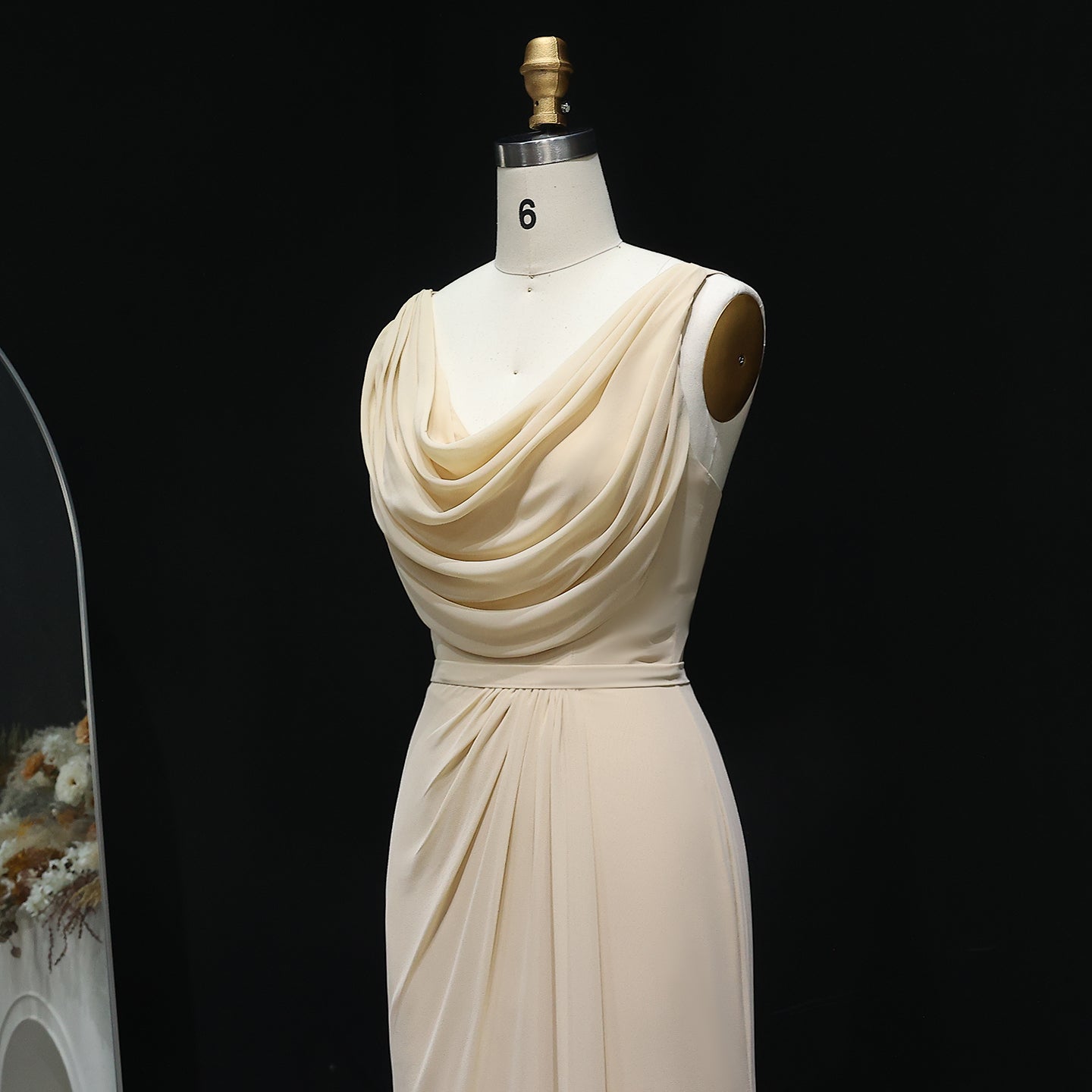 Champagne Cowl Neck Chiffon Sheath Bridesmaid Dress BS026