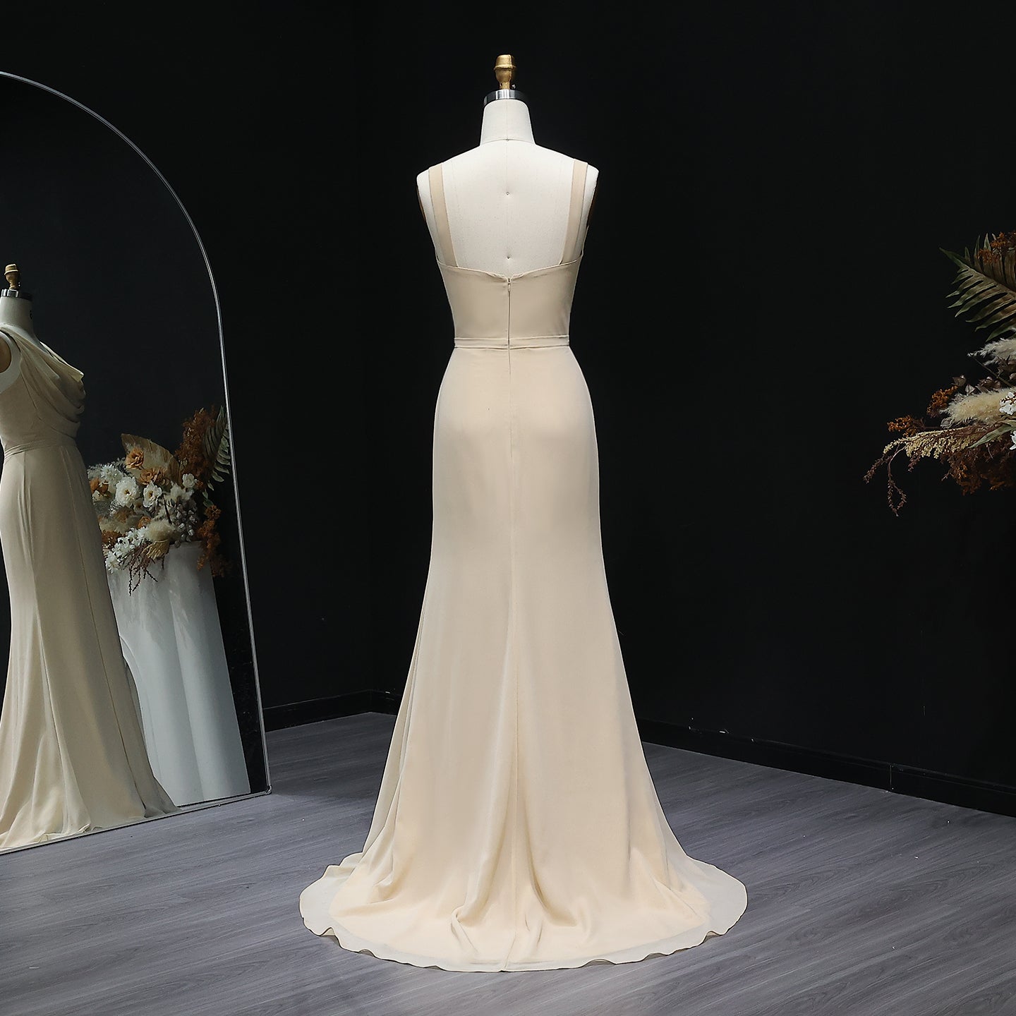 Champagne Cowl Neck Chiffon Sheath Bridesmaid Dress BS026