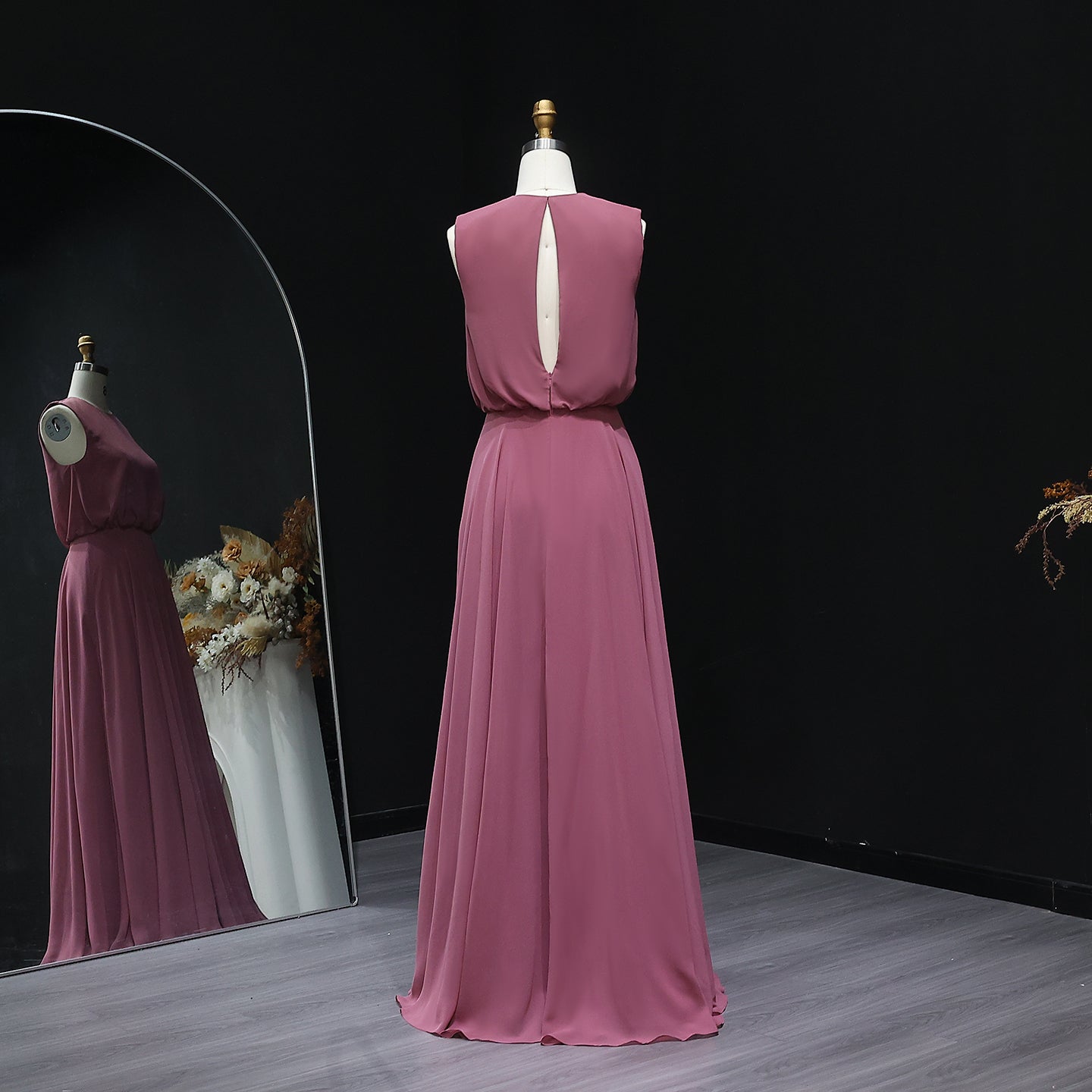 Dusty Rose High Neck Chiffon A-Line Bridesmaid Dress BS027