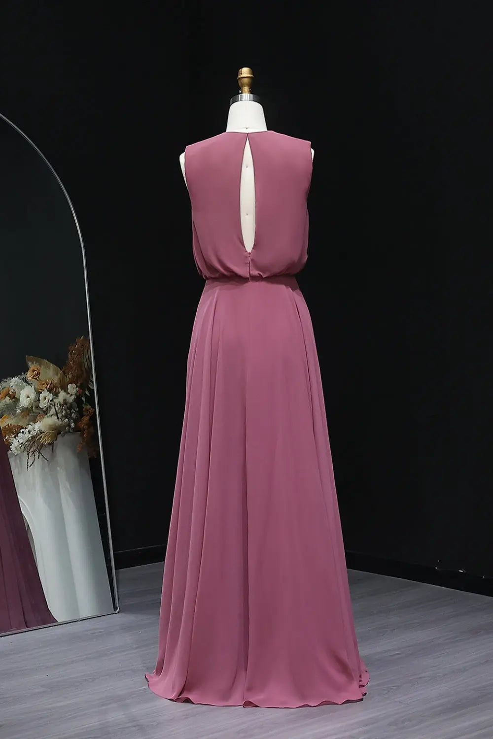 Dusty Blue High Neck Chiffon A-Line Bridesmaid Dress BS027 Sheer Fairy