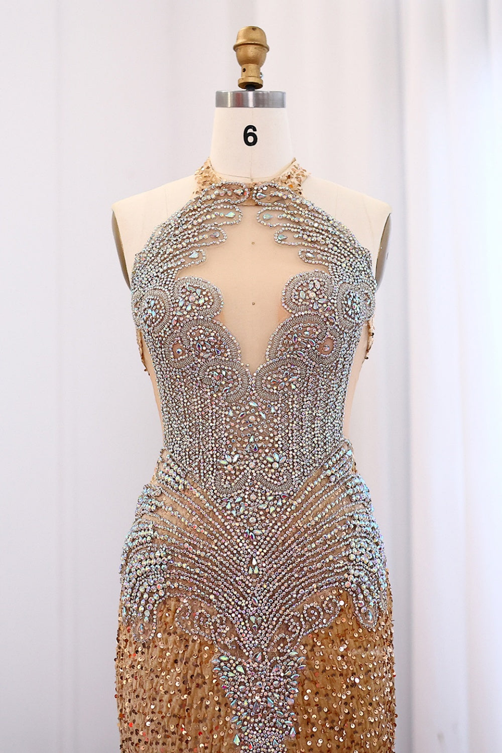 Classic Gold Rhinestone Halter Mermaid Evening Prom Dress SH006 Sheer Fairy