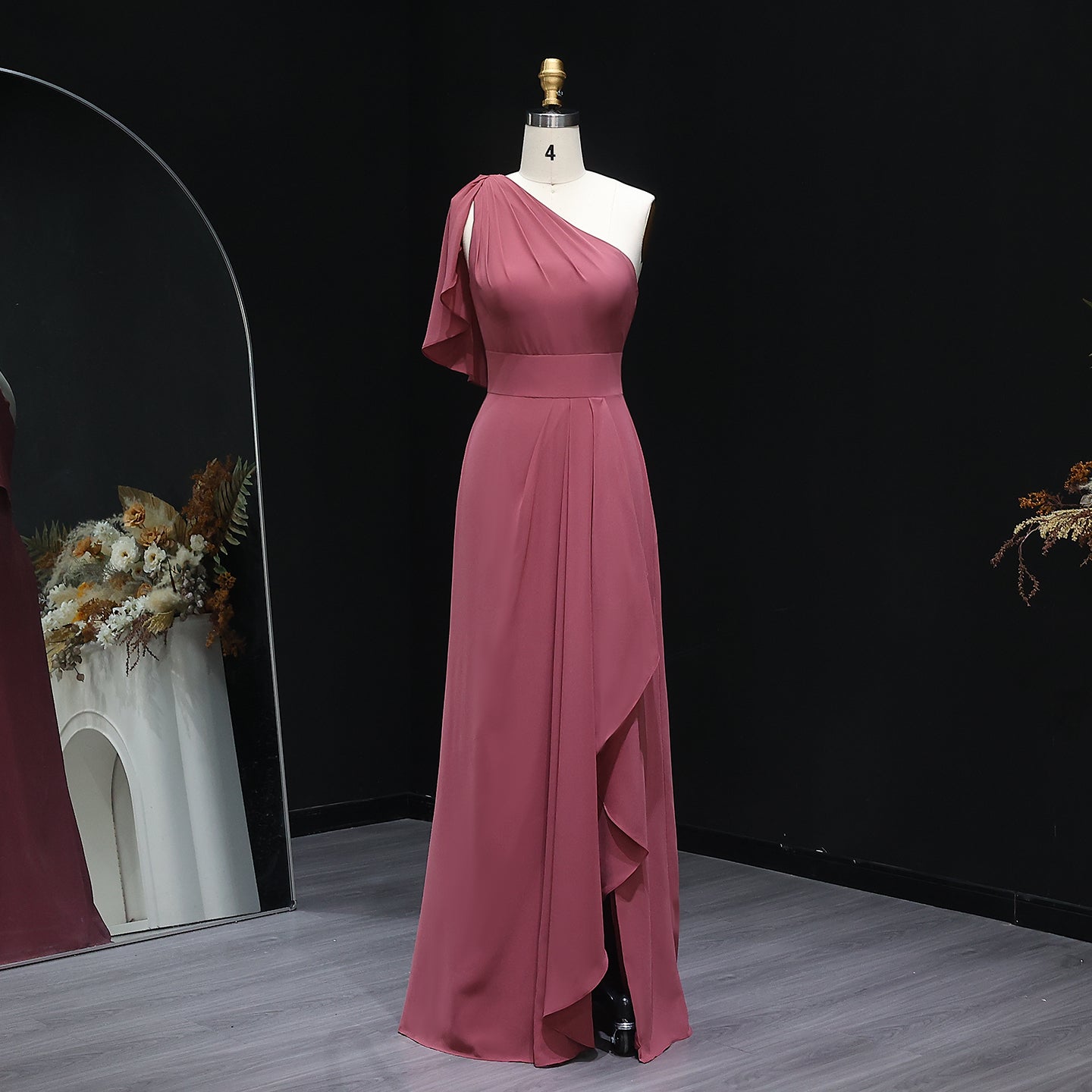 Dusty Rose One-Shoulder Chiffon A-Line Bridesmaid Dress BS028