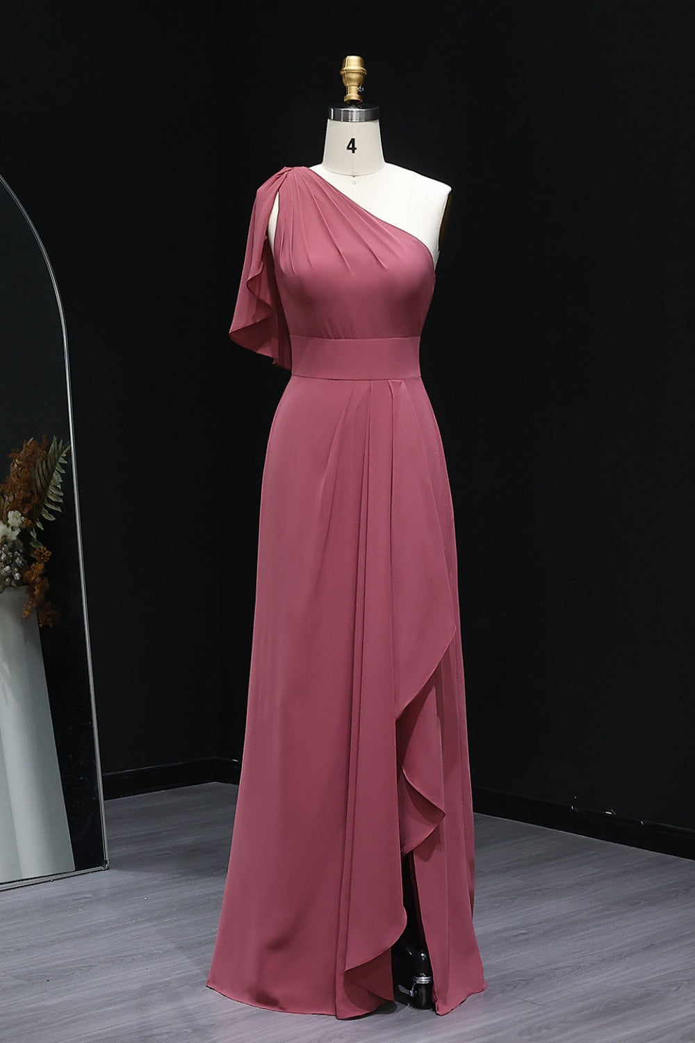 Dusty Rose One-Shoulder Chiffon A-Line Bridesmaid Dress BS028