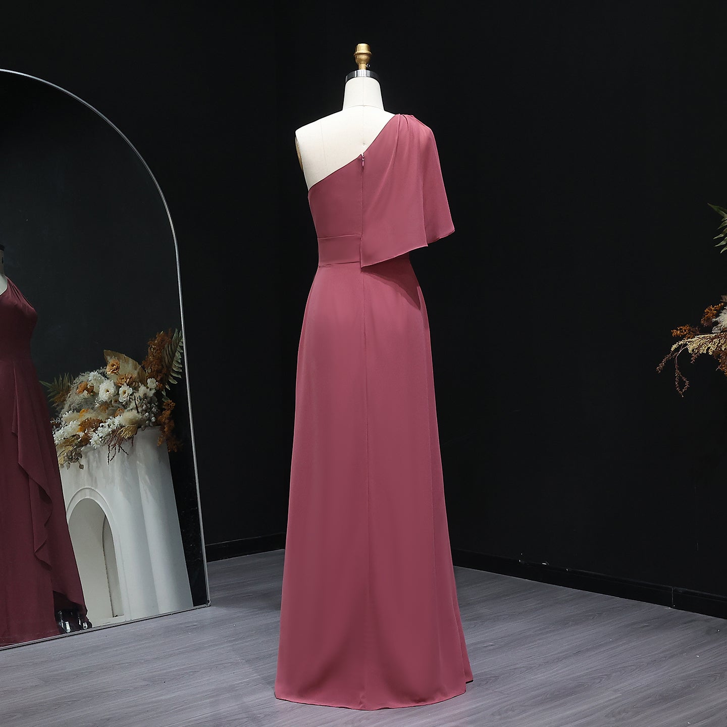 Dusty Rose One-Shoulder Chiffon A-Line Bridesmaid Dress BS028
