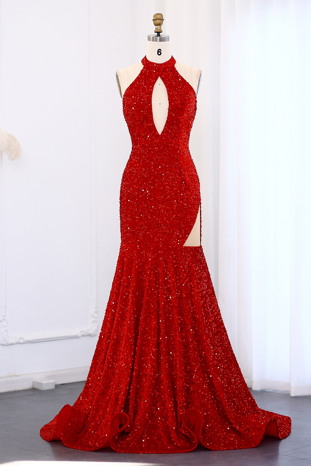Elegant Red Sequined Halter Mermaid Gown Prom Dress SH007 Sheer Fairy